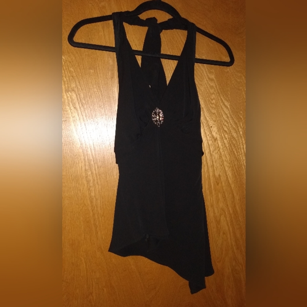 SL Fashions Black Halter Top with Rhinestone Brooch. Size Small. Like New